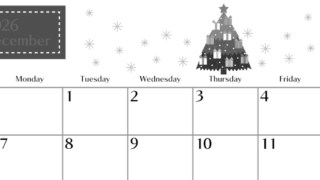 2026年12月横型モノクロの日曜始まり クリスマスツリーイラストのおしゃれA4無料白黒カレンダー(2026-00471200)