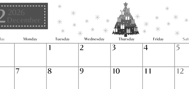 2026年12月横型モノクロの日曜始まり クリスマスツリーイラストのおしゃれA4無料白黒カレンダー(2026-00471200)