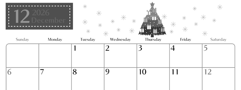 2026年12月横型モノクロの日曜始まり クリスマスツリーイラストのおしゃれA4無料白黒カレンダー(2026-00471200)