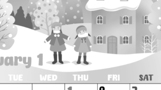 2026年1月縦型モノクロの月曜始まり イラストのかわいいA4無料白黒カレンダー(2026-00480111)