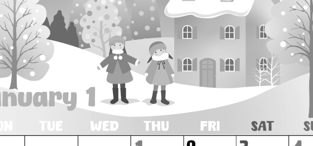 2026年1月縦型モノクロの月曜始まり イラストのかわいいA4無料白黒カレンダー(2026-00480111)