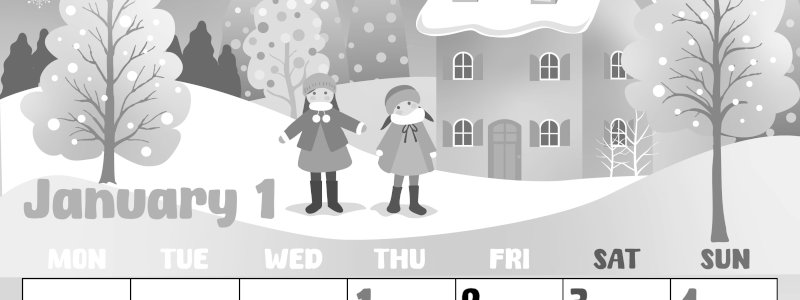 2026年1月縦型モノクロの月曜始まり イラストのかわいいA4無料白黒カレンダー(2026-00480111)