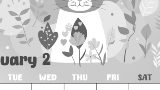 2026年2月縦型モノクロの月曜始まり イラストのかわいいA4無料白黒カレンダー(2026-00480211)