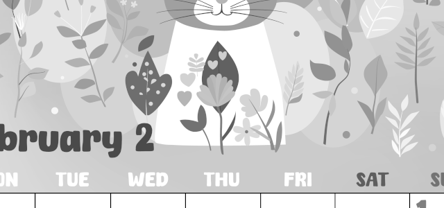 2026年2月縦型モノクロの月曜始まり イラストのかわいいA4無料白黒カレンダー(2026-00480211)