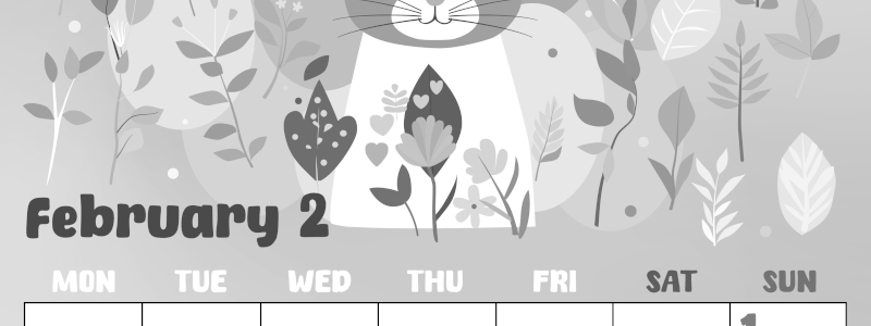 2026年2月縦型モノクロの月曜始まり イラストのかわいいA4無料白黒カレンダー(2026-00480211)