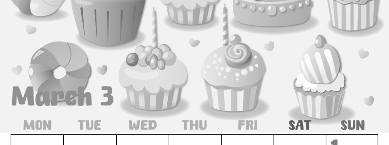 2026年3月縦型モノクロの月曜始まり イラストのかわいいA4無料白黒カレンダー(2026-00480311)