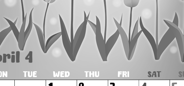 2026年4月縦型モノクロの月曜始まり チューリップイラストのかわいいA4無料白黒カレンダー(2026-00480411)