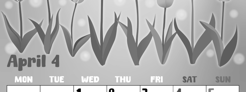 2026年4月縦型モノクロの月曜始まり チューリップイラストのかわいいA4無料白黒カレンダー(2026-00480411)