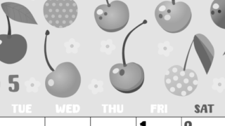 2026年5月縦型モノクロの月曜始まり サクランボイラストのかわいいA4無料白黒カレンダー(2026-00480511)