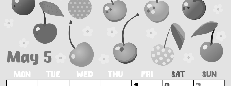 2026年5月縦型モノクロの月曜始まり サクランボイラストのかわいいA4無料白黒カレンダー(2026-00480511)