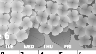 2026年6月縦型モノクロの月曜始まり アジサイイラストのかわいいA4無料白黒カレンダー(2026-00480611)