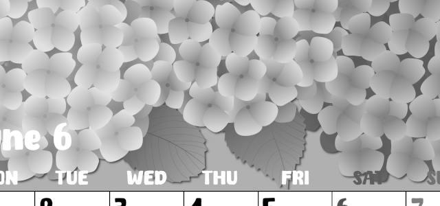 2026年6月縦型モノクロの月曜始まり アジサイイラストのかわいいA4無料白黒カレンダー(2026-00480611)