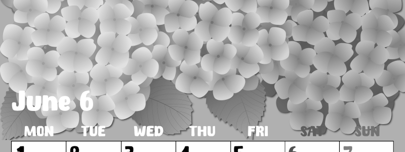 2026年6月縦型モノクロの月曜始まり アジサイイラストのかわいいA4無料白黒カレンダー(2026-00480611)