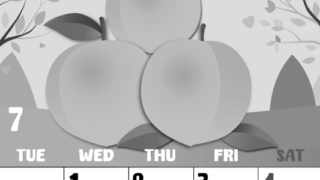 2026年7月縦型モノクロの月曜始まり 桃イラストのかわいいA4無料白黒カレンダー(2026-00480711)