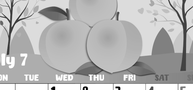 2026年7月縦型モノクロの月曜始まり 桃イラストのかわいいA4無料白黒カレンダー(2026-00480711)