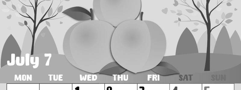 2026年7月縦型モノクロの月曜始まり 桃イラストのかわいいA4無料白黒カレンダー(2026-00480711)