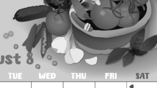 2026年8月縦型モノクロの月曜始まり 野菜イラストのかわいいA4無料白黒カレンダー(2026-00480811)