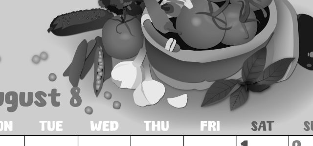 2026年8月縦型モノクロの月曜始まり 野菜イラストのかわいいA4無料白黒カレンダー(2026-00480811)