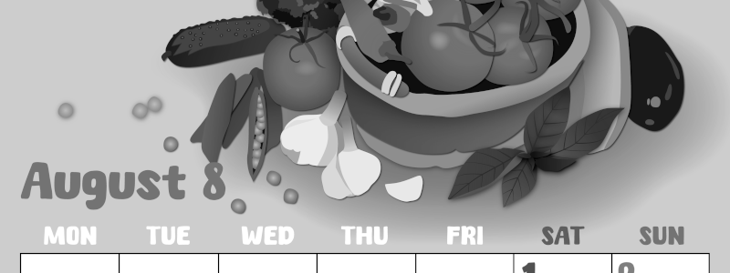 2026年8月縦型モノクロの月曜始まり 野菜イラストのかわいいA4無料白黒カレンダー(2026-00480811)