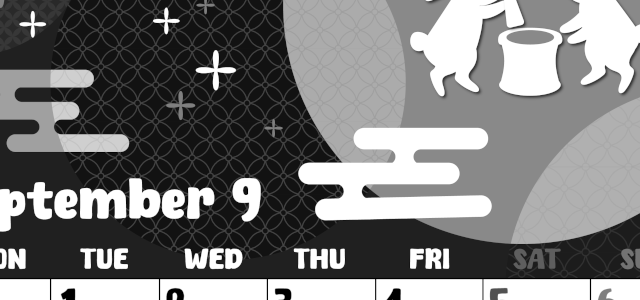 2026年9月縦型モノクロの月曜始まり うさぎイラストのかわいいA4無料白黒カレンダー(2026-00480911)