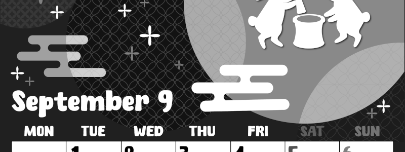 2026年9月縦型モノクロの月曜始まり うさぎイラストのかわいいA4無料白黒カレンダー(2026-00480911)