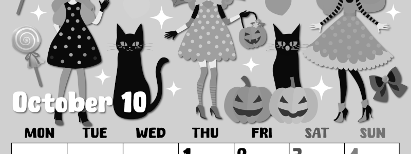 2026年10月縦型モノクロの月曜始まり  ポップなイラストのかわいいA4無料白黒カレンダー(2026-00481011)