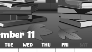 2026年11月縦型モノクロの月曜始まり 本イラストのかわいいA4無料白黒カレンダー(2026-00481111)