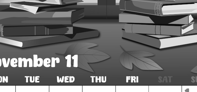 2026年11月縦型モノクロの月曜始まり 本イラストのかわいいA4無料白黒カレンダー(2026-00481111)