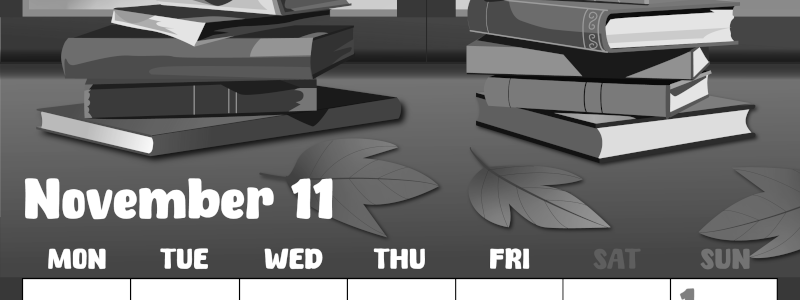 2026年11月縦型モノクロの月曜始まり 本イラストのかわいいA4無料白黒カレンダー(2026-00481111)