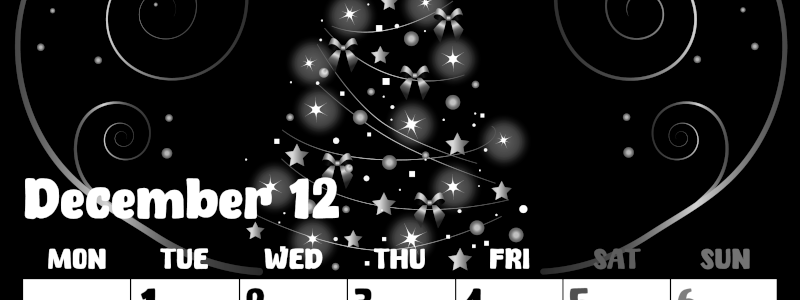 2026年12月縦型モノクロの月曜始まり ツリーイラストのかわいいA4無料白黒カレンダー(2026-00481211)