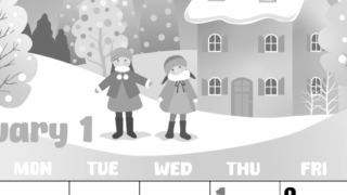 2026年1月縦型モノクロの日曜始まり イラストのかわいいA4無料白黒カレンダー(2026-00480110)