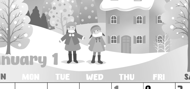 2026年1月縦型モノクロの日曜始まり イラストのかわいいA4無料白黒カレンダー(2026-00480110)