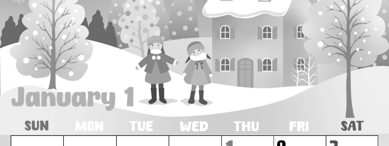 2026年1月縦型モノクロの日曜始まり イラストのかわいいA4無料白黒カレンダー(2026-00480110)