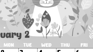 2026年2月縦型モノクロの日曜始まり イラストのかわいいA4無料白黒カレンダー(2026-00480210)