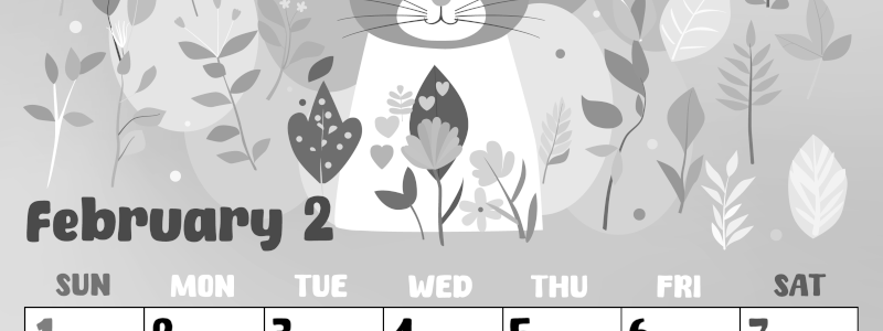 2026年2月縦型モノクロの日曜始まり イラストのかわいいA4無料白黒カレンダー(2026-00480210)