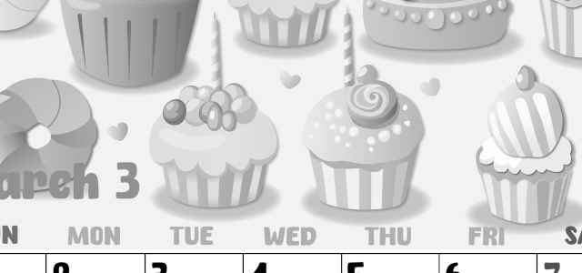 2026年3月縦型モノクロの日曜始まり イラストのかわいいA4無料白黒カレンダー(2026-00480310)