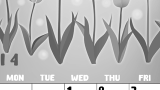 2026年4月縦型モノクロの日曜始まり チューリップイラストのかわいいA4無料白黒カレンダー(2026-00480410)