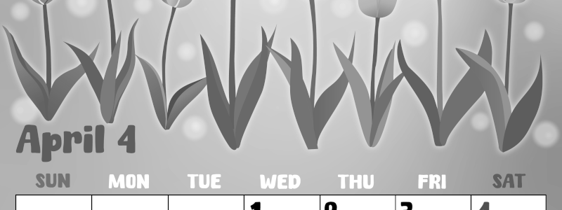 2026年4月縦型モノクロの日曜始まり チューリップイラストのかわいいA4無料白黒カレンダー(2026-00480410)