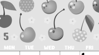 2026年5月縦型モノクロの日曜始まり サクランボイラストのかわいいA4無料白黒カレンダー(2026-00480510)