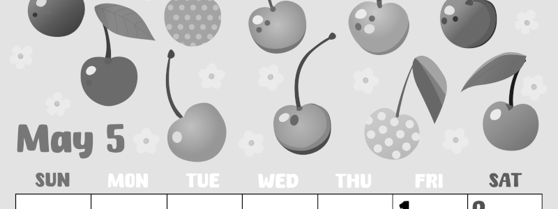 2026年5月縦型モノクロの日曜始まり サクランボイラストのかわいいA4無料白黒カレンダー(2026-00480510)