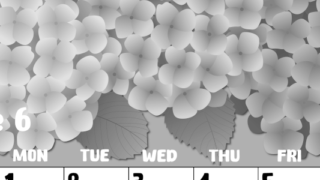 2026年6月縦型モノクロの日曜始まり アジサイイラストのかわいいA4無料白黒カレンダー(2026-00480610)