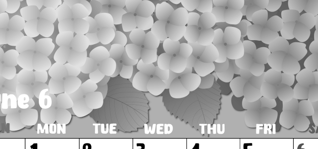 2026年6月縦型モノクロの日曜始まり アジサイイラストのかわいいA4無料白黒カレンダー(2026-00480610)