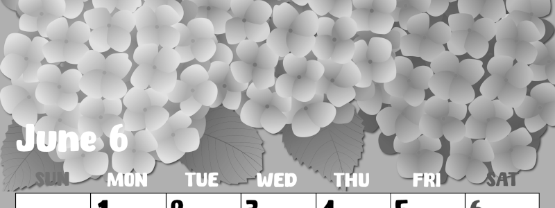 2026年6月縦型モノクロの日曜始まり アジサイイラストのかわいいA4無料白黒カレンダー(2026-00480610)