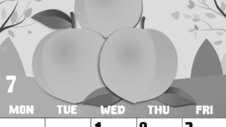 2026年7月縦型モノクロの日曜始まり 桃イラストのかわいいA4無料白黒カレンダー(2026-00480710)