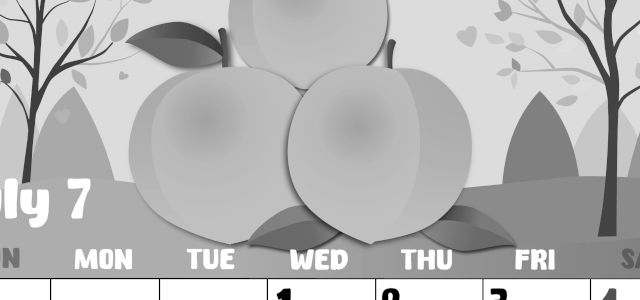 2026年7月縦型モノクロの日曜始まり 桃イラストのかわいいA4無料白黒カレンダー(2026-00480710)