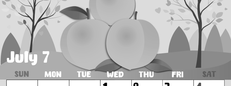 2026年7月縦型モノクロの日曜始まり 桃イラストのかわいいA4無料白黒カレンダー(2026-00480710)