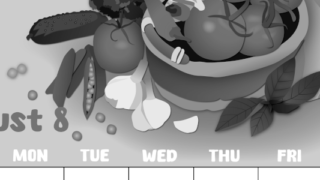 2026年8月縦型モノクロの日曜始まり 野菜イラストのかわいいA4無料白黒カレンダー(2026-00480810)