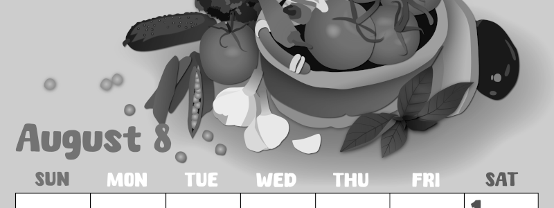 2026年8月縦型モノクロの日曜始まり 野菜イラストのかわいいA4無料白黒カレンダー(2026-00480810)