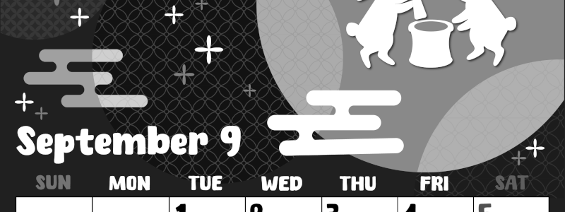 2026年9月縦型モノクロの日曜始まり うさぎイラストのかわいいA4無料白黒カレンダー(2026-00480910)