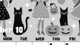 2026年10月縦型モノクロの日曜始まり  ポップなイラストのかわいいA4無料白黒カレンダー(2026-00481010)